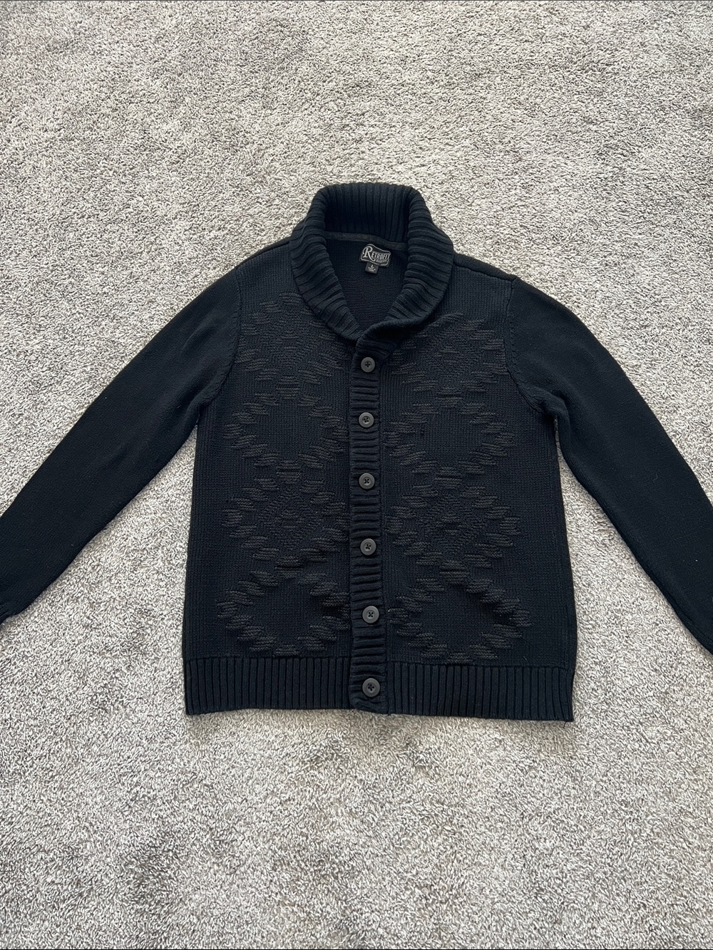 Retrofit Men's Black Shawl Collar Geo-Pattern Knit Button-Front Cardigan- Size L